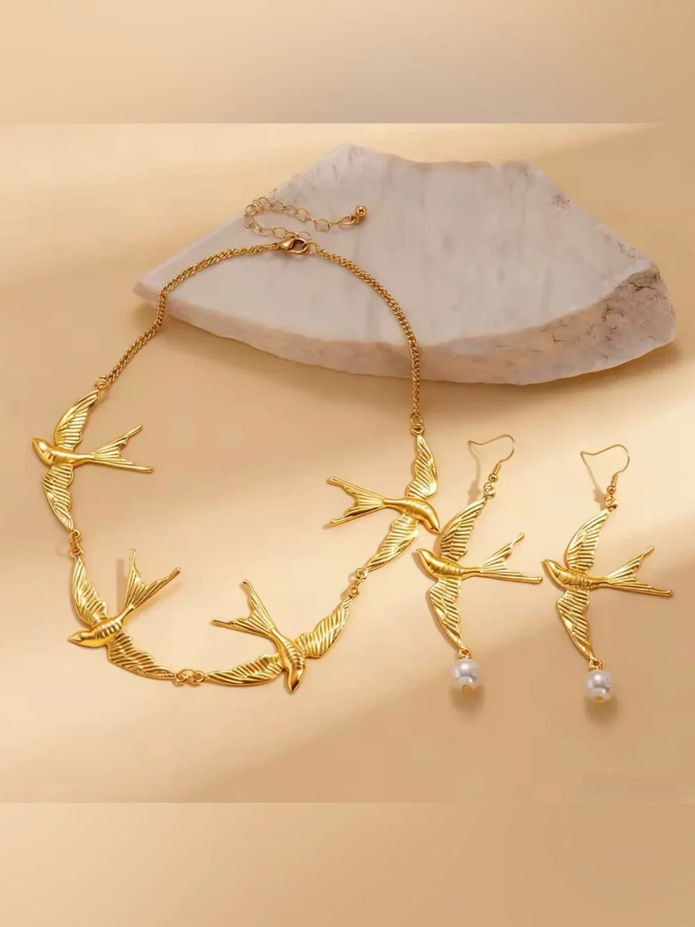 Gold Swallow Bird Necklace & Earrings Set | Pearl Drop Statement Jewelry - Picture 7 of 10